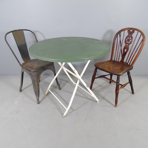 2709 - A Tolix style bistro chair, and an elm seated wheelback dining chair and a folding garden table (3).