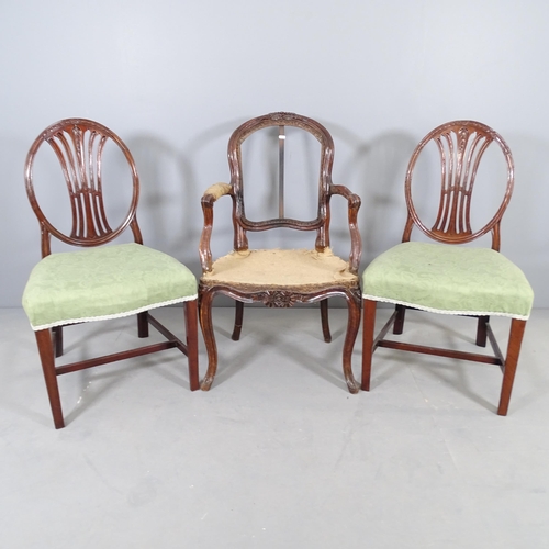 2715 - A pair of antique mahogany Chippendale style chairs, and a fauteuil chair (for re-upholstery) (3).