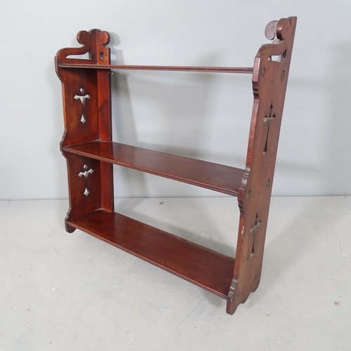 2754 - An antique mahogany Arts & Crafts style three-tier hanging shelf. 60x62x15cm.