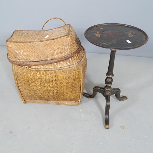 2760 - An antique ebonised chinoiserie occasional table with painted decoration, 30x51cm, and a wicker tack... 