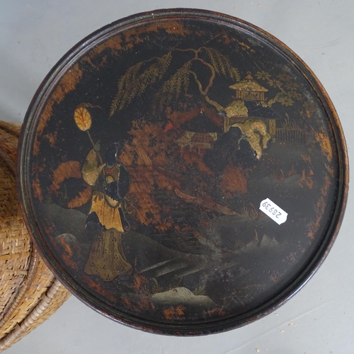 2760 - An antique ebonised chinoiserie occasional table with painted decoration, 30x51cm, and a wicker tack... 