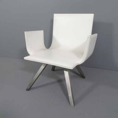 2039 - A contemporary design white leather lounge chair on steel legs.