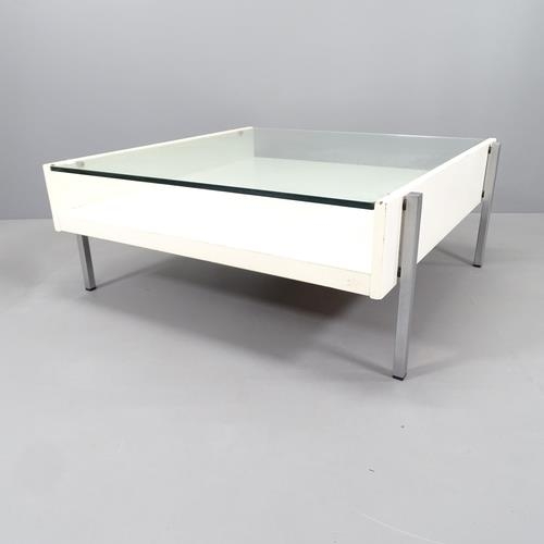 2042 - A mid-century Danish design coffee table, the later painted wood frame on steel legs with inset glas... 