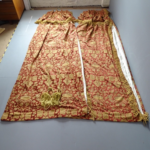 2354 - Two pairs of good quality red and gold lined curtains with floral brocade design and drop fringe hea... 