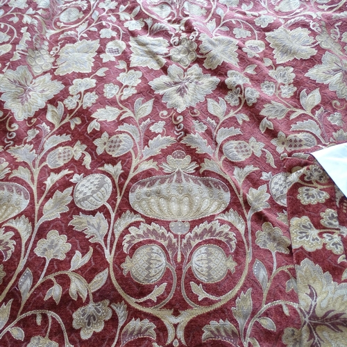 2354 - Two pairs of good quality red and gold lined curtains with floral brocade design and drop fringe hea... 