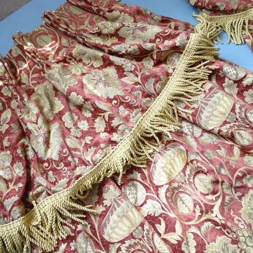 2354 - Two pairs of good quality red and gold lined curtains with floral brocade design and drop fringe hea... 