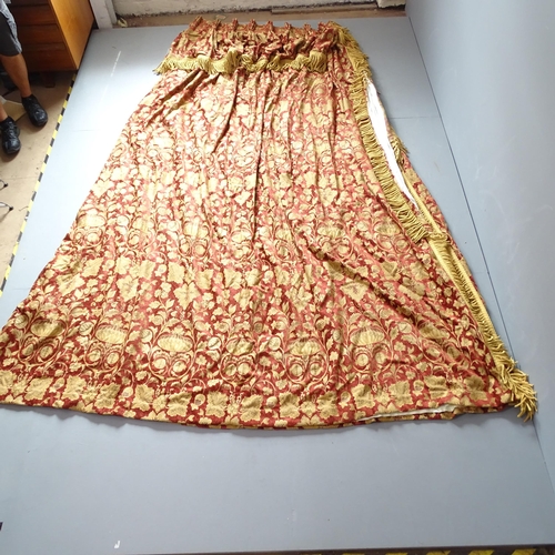 2354 - Two pairs of good quality red and gold lined curtains with floral brocade design and drop fringe hea... 