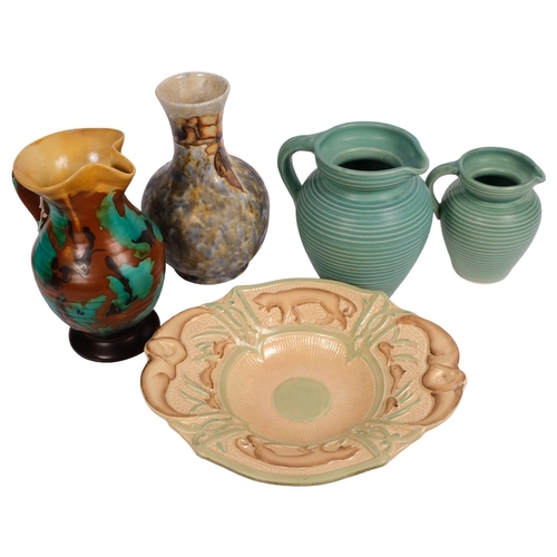 514 - A graduated pair Lovetts Langley Ware green ribbed jugs, tallest 20.5cm, Art pottery vase and jug, a... 