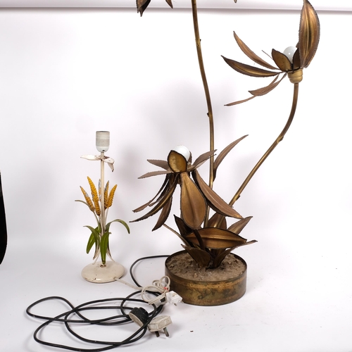 523 - A large gilded metal table lamp in the form of 3 flowers, H1m, and a smaller wheatsheaf design table... 