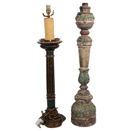 525 - A painted and gilded table lamp, H77cm overall, and 2 Vintage carved and painted wood candlesticks