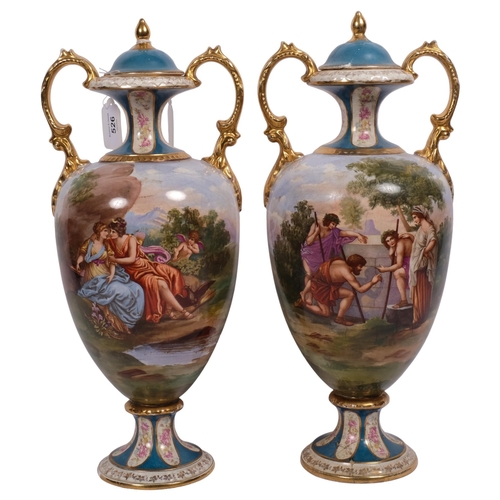 526 - A pair of early 20th century Continental urns and covers, with transfer printed panels and gilded de... 