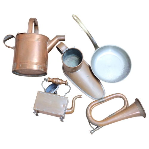 542 - Antique copper water jug, a bugle, kettle etc