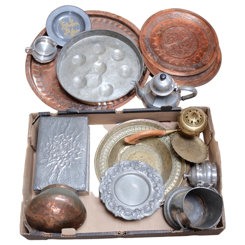 543 - A pewter tea set, engraved copper trays, Cairo Ware plates, pewter-clad boxes etc