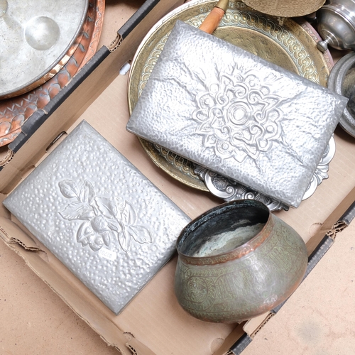 543 - A pewter tea set, engraved copper trays, Cairo Ware plates, pewter-clad boxes etc