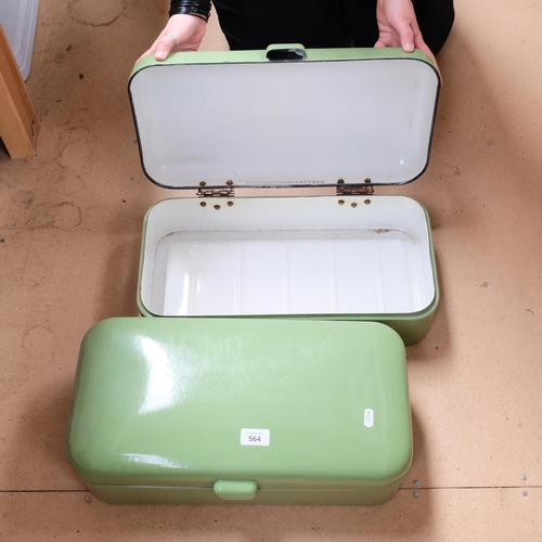 564 - 2 Vintage green enamelled containers, with hinged covers, L47cm