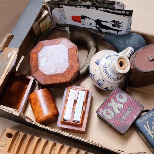 566 - Cigar box, Delft jug, boxes, brass car horn, Tommy Cooper items etc