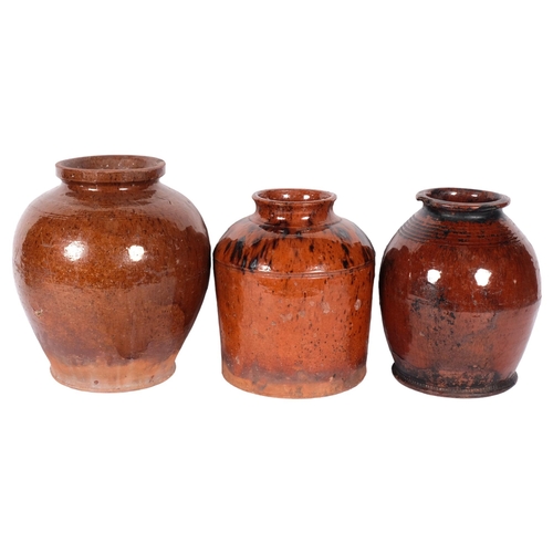 569 - 3 x 19th century glazed terracotta Studio pottery vases, largest 28cm