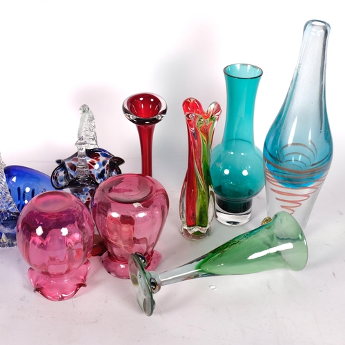 576 - 2 glass baskets, 2 cranberry glass vases, blue glass bottle vase with swirl design, 33cm, etc