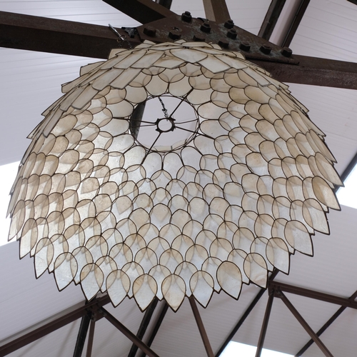 578 - A large Vintage ceiling light shade, made from tear-drop shell panels, diameter 51cm