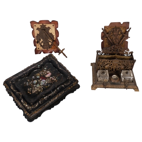 591 - Antique cast and pierced gilded metal desk stand, a mother-of-pearl inlaid writing slope (A/F), and ... 