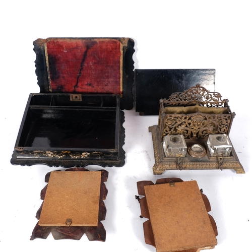 591 - Antique cast and pierced gilded metal desk stand, a mother-of-pearl inlaid writing slope (A/F), and ... 