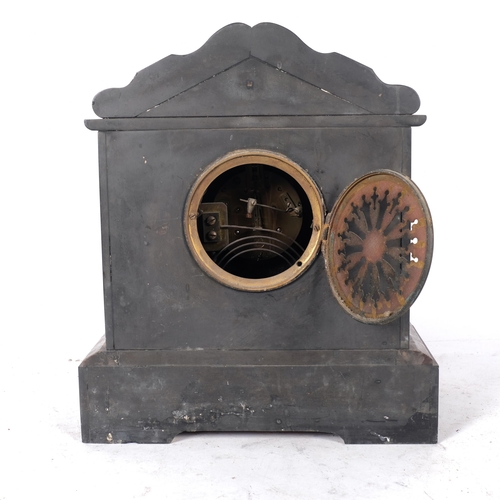 592 - A slate and marble-cased mantel clock, with mask decoration, H34cm