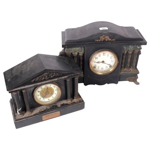 593 - A Victorian stained wood architectural design mantel clock, with brass Corinthian columns and lion m... 