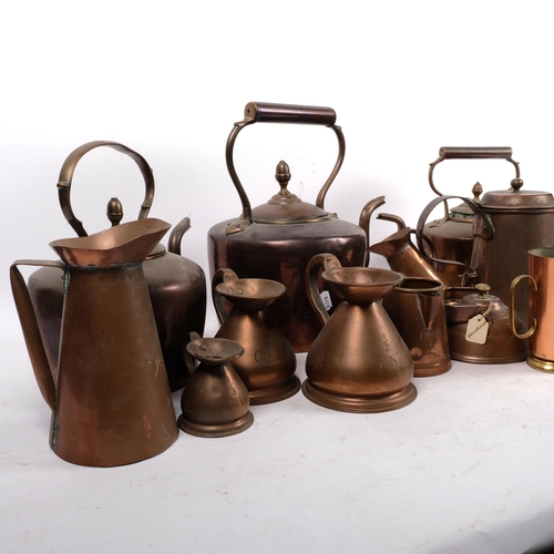 687 - 3 Antique copper kettles, coffee pot, measures and jugs