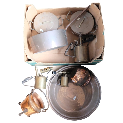 689 - Blow torches, copper pan with iron handle, tray, copper pot and cover