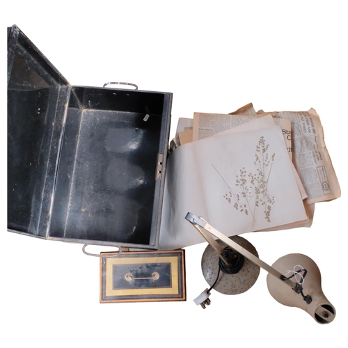 691 - Deed box, cash tin, dried pressed flowers and leaves, and an anglepoise lamp