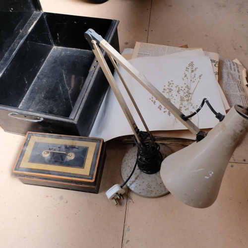 691 - Deed box, cash tin, dried pressed flowers and leaves, and an anglepoise lamp