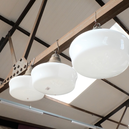 692 - A set of 3 Vintage metal ceiling lights with milk glass shades, 28cm