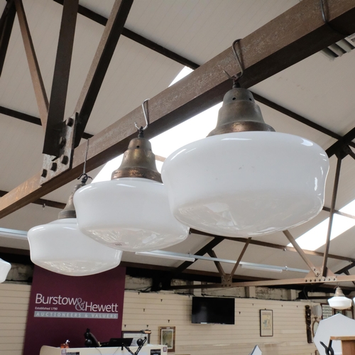 693 - A set of 3 metal ceiling lights with milk glass shades, 28cm across