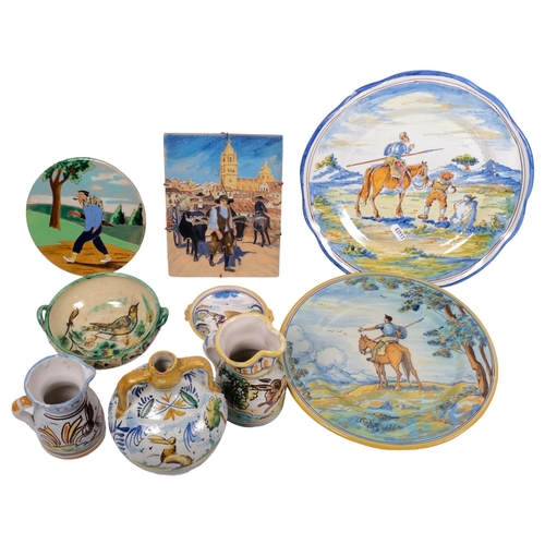 695 - A group of Continental ceramics, including 2 Spanish Don Quixote painted wall plaques, largest 29cm,... 