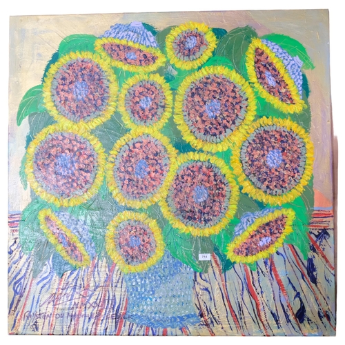 714 - Royston Du Maurier Lebek, acrylic on canvas, sunflowers, 107cm x 107cm, unframed