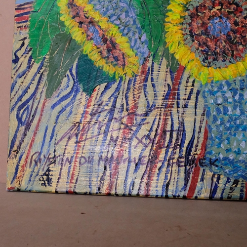 714 - Royston Du Maurier Lebek, acrylic on canvas, sunflowers, 107cm x 107cm, unframed