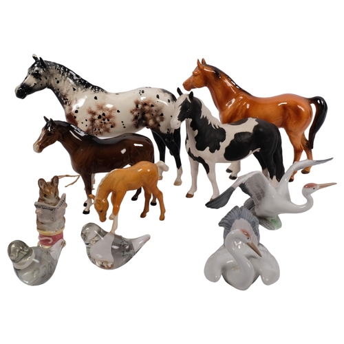 722 - A quantity of Beswick ceramic horses, a Lladro nesting crane, a Lladro landing crane, a Beswick Beat... 