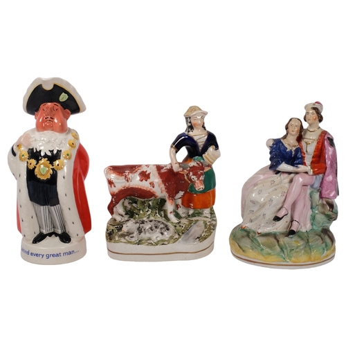 748 - 2 Victorian Staffordshire pottery groups, and a Beswick mayor jug, advertising Worthington's Pale Al... 