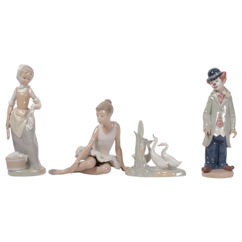 749 - A Lladro clown, 21.5cm, and 3 NAO figures