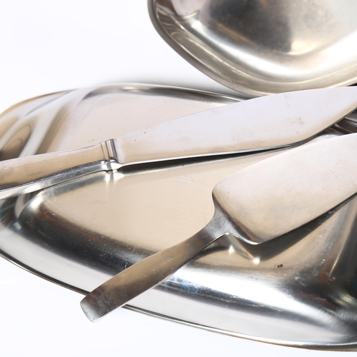 912 - A collection of Danish and German stainless steel serving trays, fruit bowl and servers