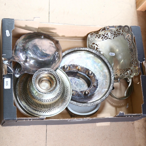 915 - Various silver plated serving trays, table centres, etc (boxful)