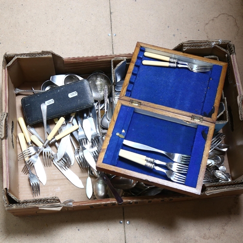 921 - A large quantity of mixed plated cutlery, cased cutlery sets etc (boxful)