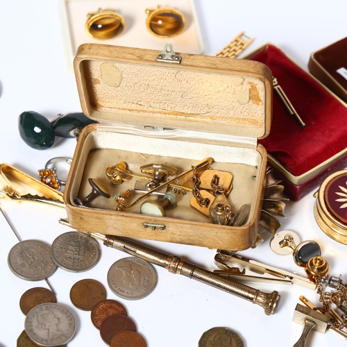 928 - A collection of various costume jewellery, cufflinks, a gilt-metal propelling pencil, pre-decimal co... 