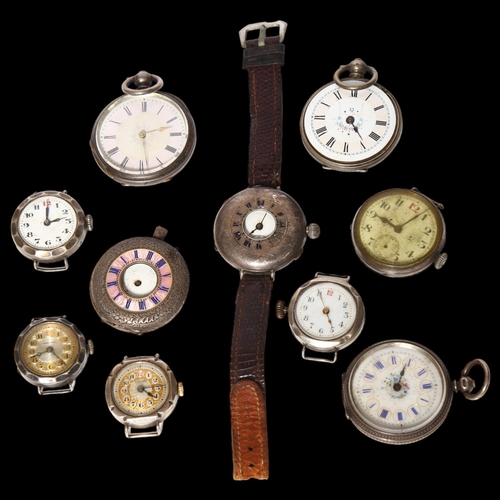 943 - A collection of Continental silver fob and watch cases, some with floral decorated enamel dials (A/F... 