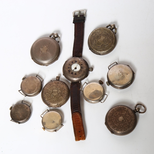 943 - A collection of Continental silver fob and watch cases, some with floral decorated enamel dials (A/F... 