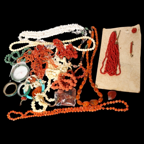 949 - Various coral shell necklaces, carnelian panels, jadeite bangle, etc