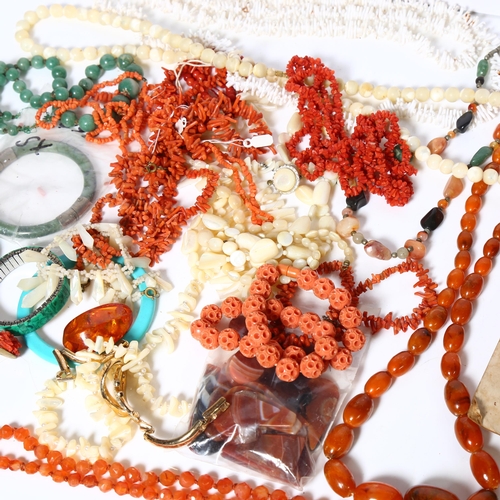 949 - Various coral shell necklaces, carnelian panels, jadeite bangle, etc