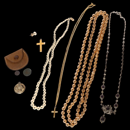 950 - A cultured pearl bead necklace, with 9ct gold clasp, 2 x 9ct gold crosses, a silver crucifix, stylis... 