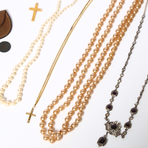 950 - A cultured pearl bead necklace, with 9ct gold clasp, 2 x 9ct gold crosses, a silver crucifix, stylis... 