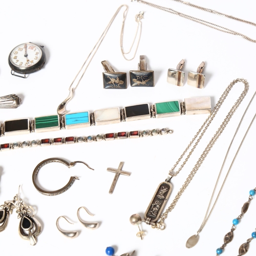 954 - A silver and multi-stone set panelled bracelet, a pair of silver and niello cufflinks, a silver-case... 